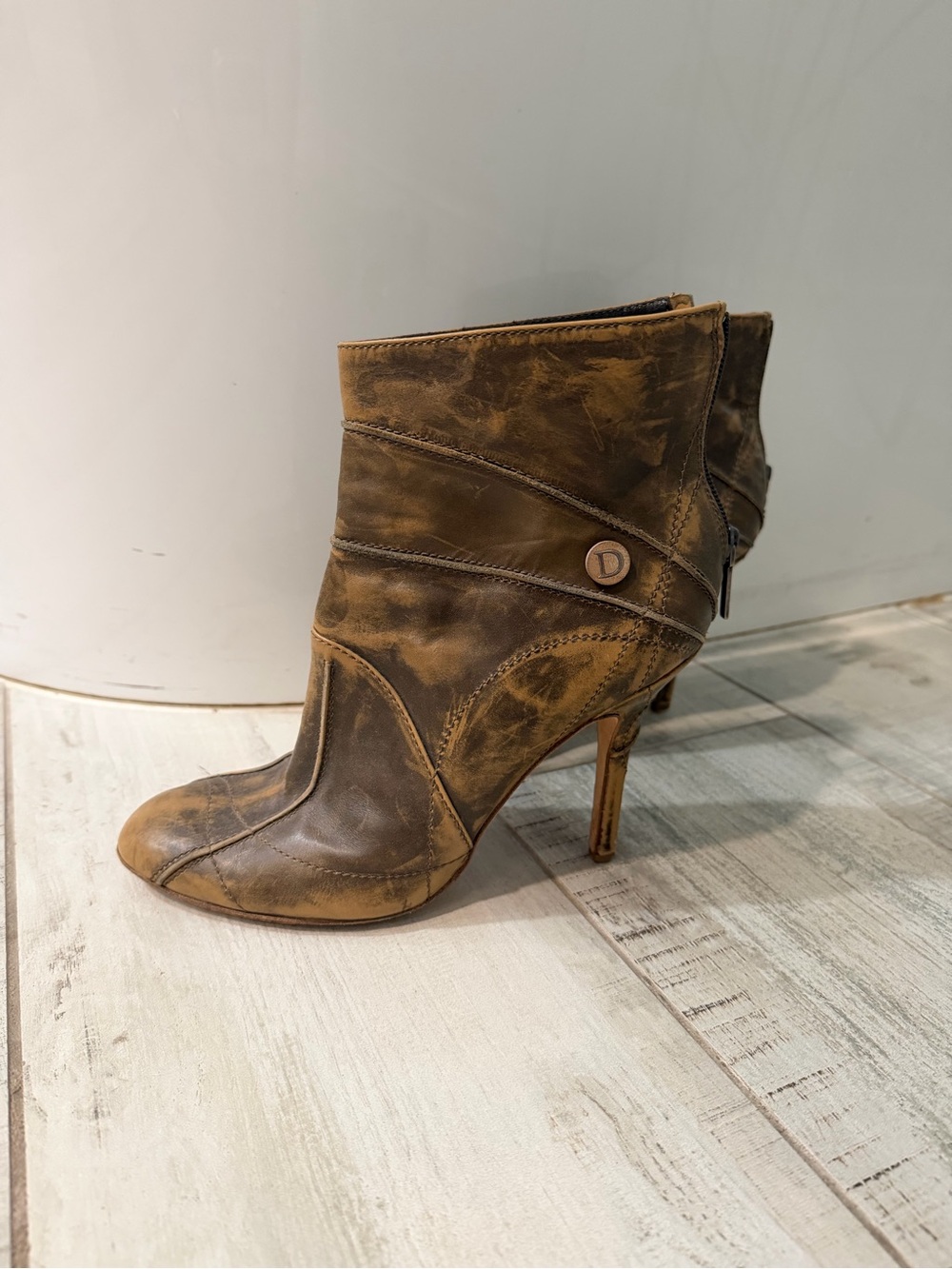 Dior Brown Distressed Leather Heeled Ankle Boot